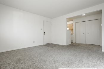 a living room with white walls and carpet, a bifold closet, and a kitchen at Polo Run Apartments, Greenwood, IN, 46142